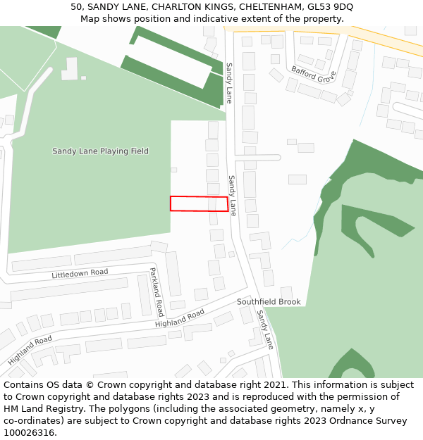 50, SANDY LANE, CHARLTON KINGS, CHELTENHAM, GL53 9DQ: Location map and indicative extent of plot