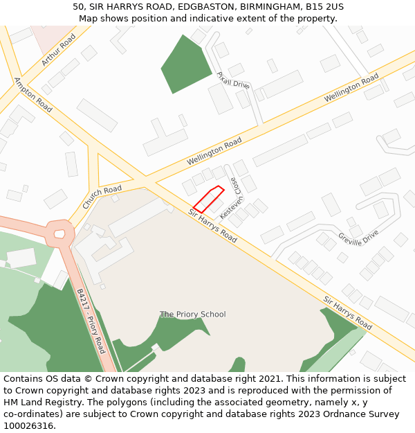 50, SIR HARRYS ROAD, EDGBASTON, BIRMINGHAM, B15 2US: Location map and indicative extent of plot