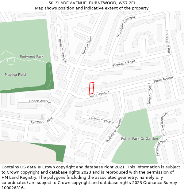 50, SLADE AVENUE, BURNTWOOD, WS7 2EL: Location map and indicative extent of plot