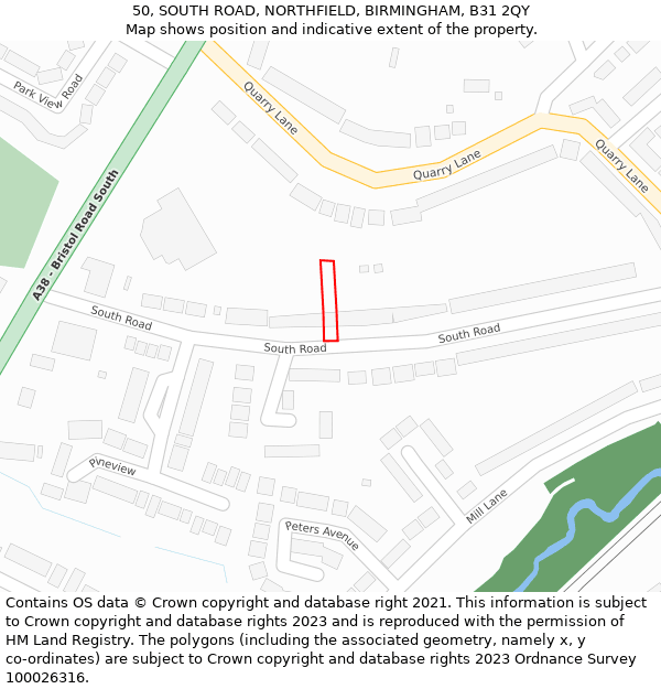 50, SOUTH ROAD, NORTHFIELD, BIRMINGHAM, B31 2QY: Location map and indicative extent of plot
