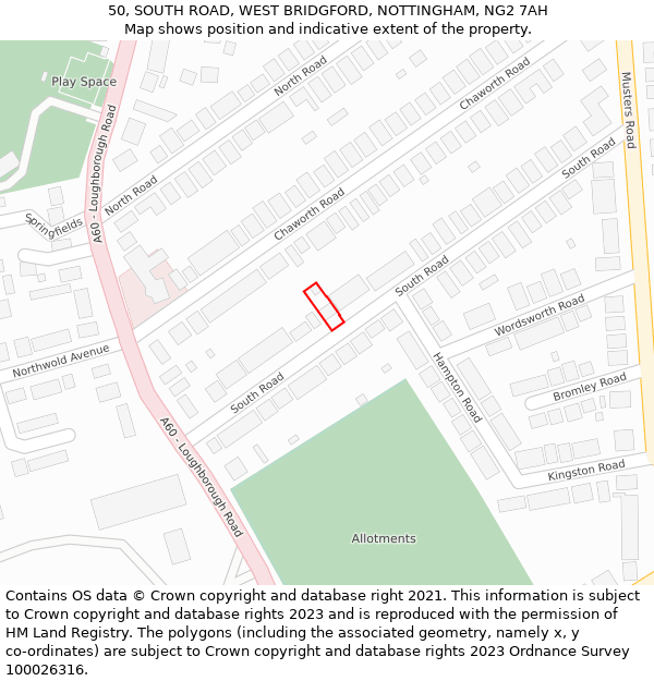 50, SOUTH ROAD, WEST BRIDGFORD, NOTTINGHAM, NG2 7AH: Location map and indicative extent of plot