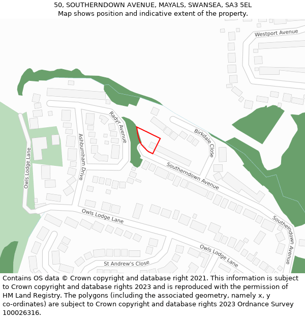 50, SOUTHERNDOWN AVENUE, MAYALS, SWANSEA, SA3 5EL: Location map and indicative extent of plot