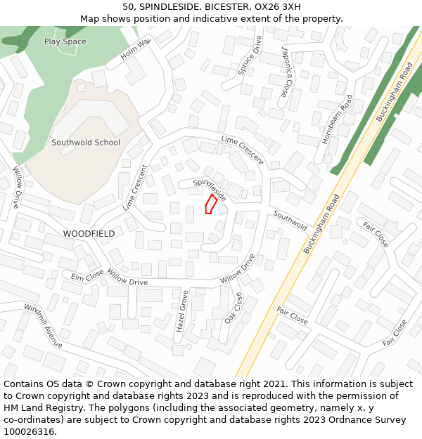 50, SPINDLESIDE, BICESTER, OX26 3XH: Location map and indicative extent of plot