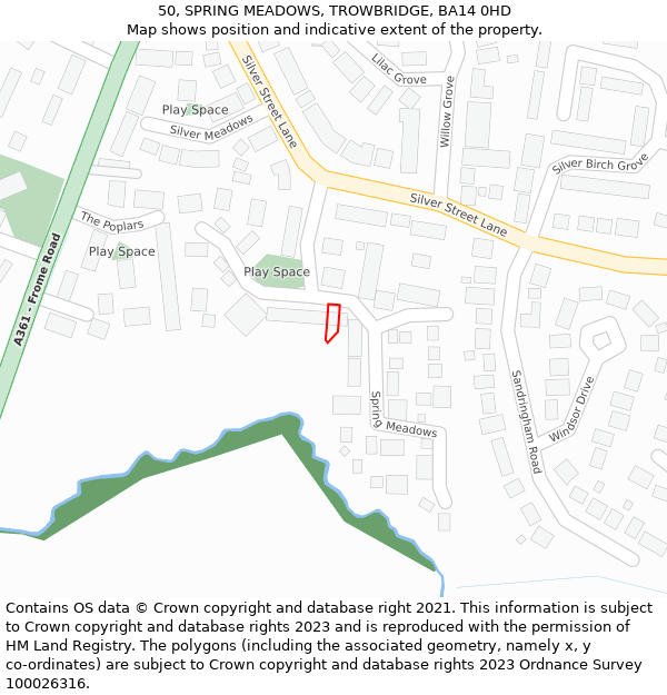 50, SPRING MEADOWS, TROWBRIDGE, BA14 0HD: Location map and indicative extent of plot