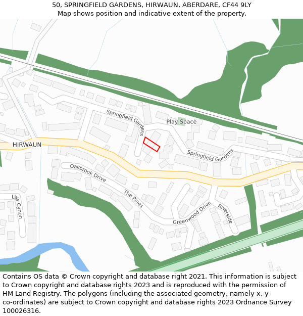 50, SPRINGFIELD GARDENS, HIRWAUN, ABERDARE, CF44 9LY: Location map and indicative extent of plot