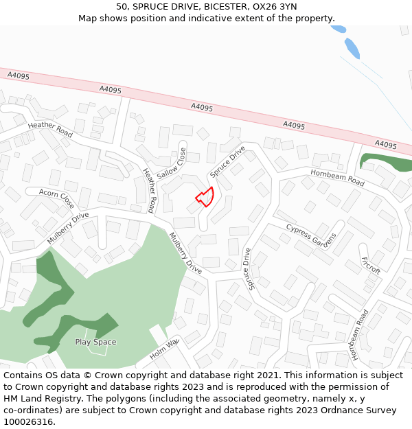 50, SPRUCE DRIVE, BICESTER, OX26 3YN: Location map and indicative extent of plot