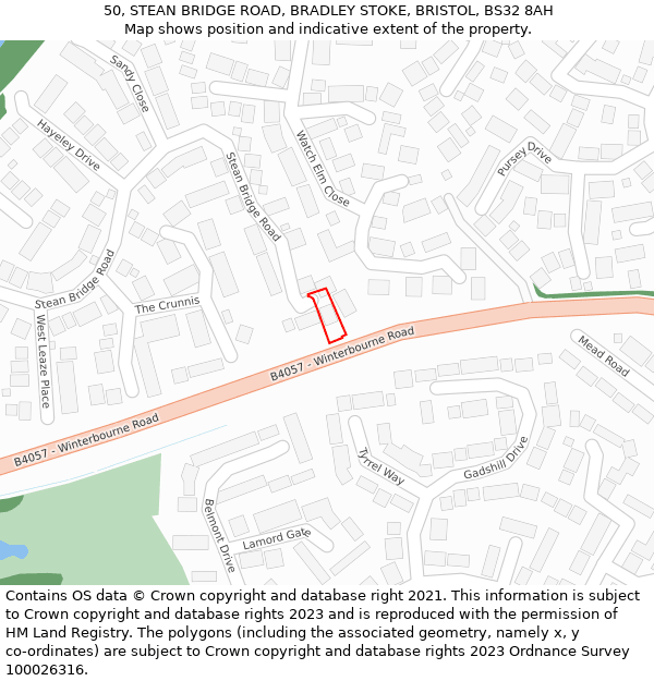 50, STEAN BRIDGE ROAD, BRADLEY STOKE, BRISTOL, BS32 8AH: Location map and indicative extent of plot