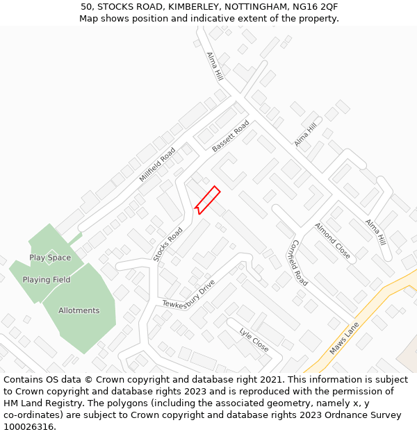 50, STOCKS ROAD, KIMBERLEY, NOTTINGHAM, NG16 2QF: Location map and indicative extent of plot