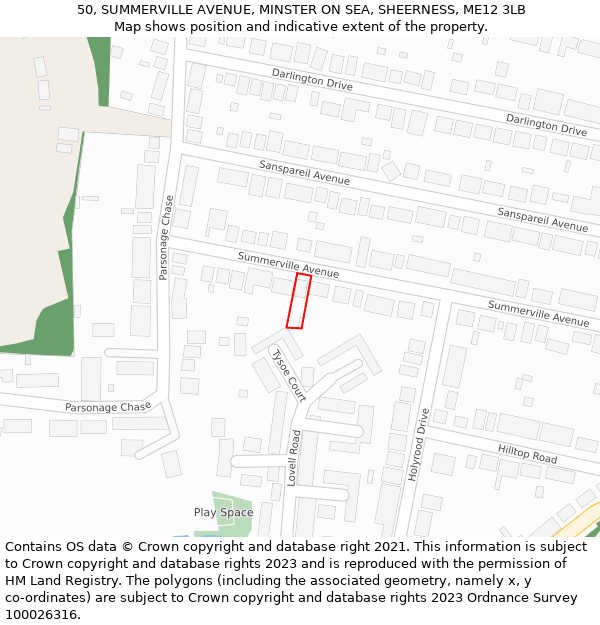 50, SUMMERVILLE AVENUE, MINSTER ON SEA, SHEERNESS, ME12 3LB: Location map and indicative extent of plot