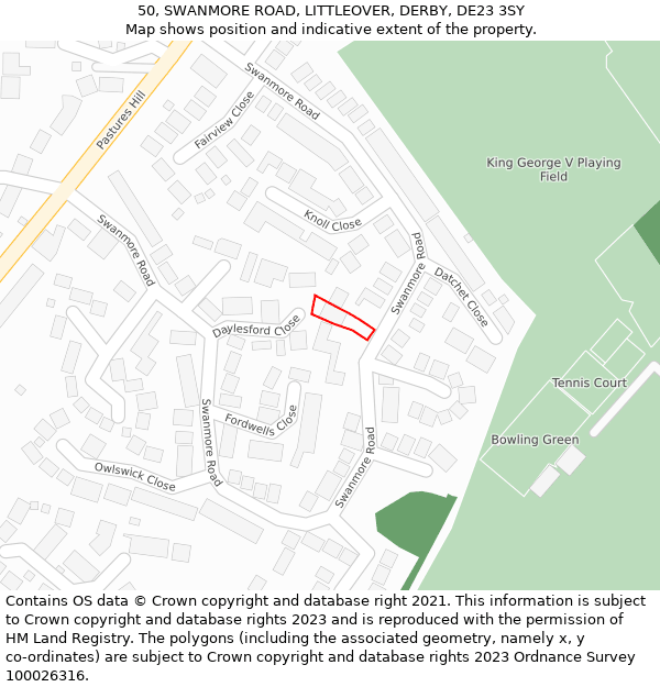 50, SWANMORE ROAD, LITTLEOVER, DERBY, DE23 3SY: Location map and indicative extent of plot