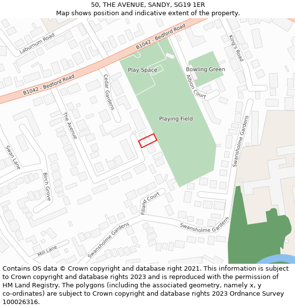 50, THE AVENUE, SANDY, SG19 1ER: Location map and indicative extent of plot