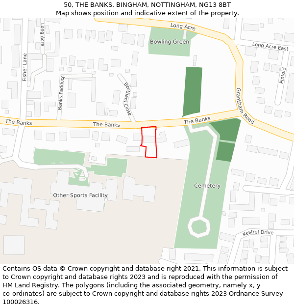 50, THE BANKS, BINGHAM, NOTTINGHAM, NG13 8BT: Location map and indicative extent of plot