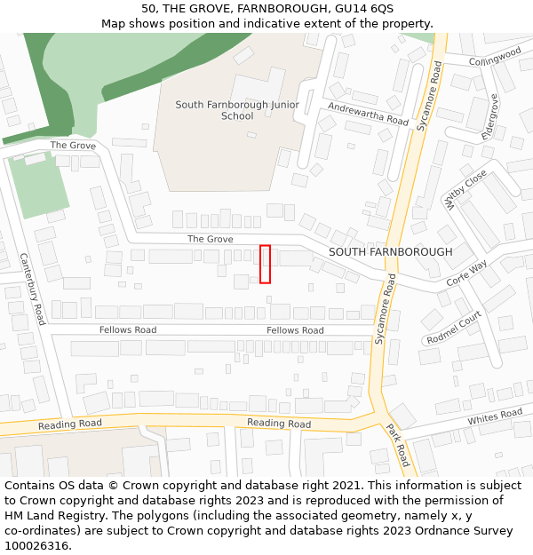50, THE GROVE, FARNBOROUGH, GU14 6QS: Location map and indicative extent of plot