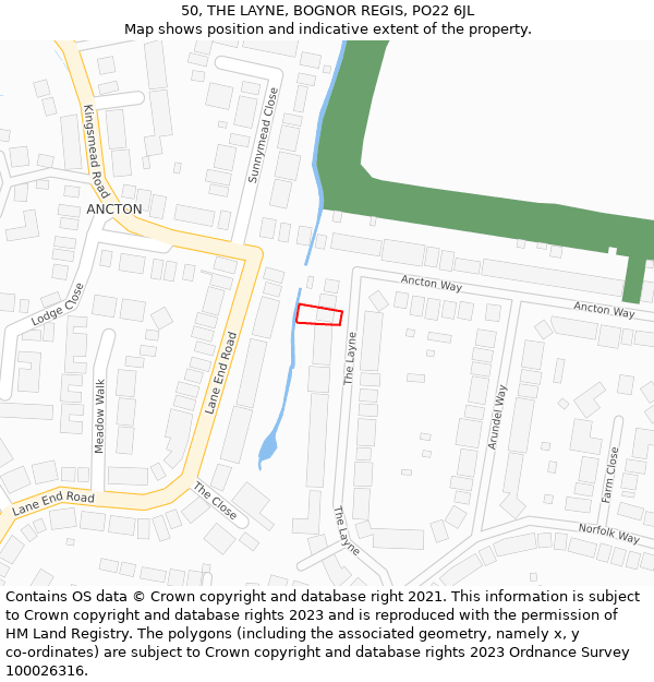 50, THE LAYNE, BOGNOR REGIS, PO22 6JL: Location map and indicative extent of plot