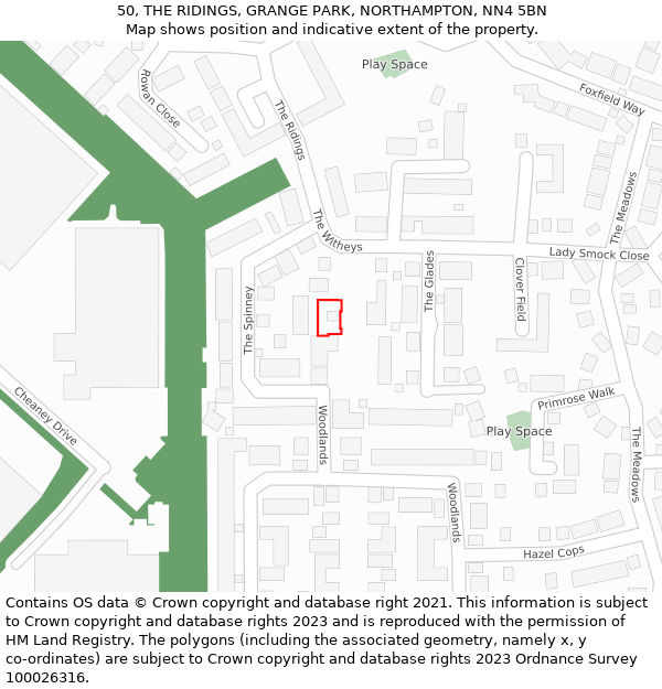 50, THE RIDINGS, GRANGE PARK, NORTHAMPTON, NN4 5BN: Location map and indicative extent of plot