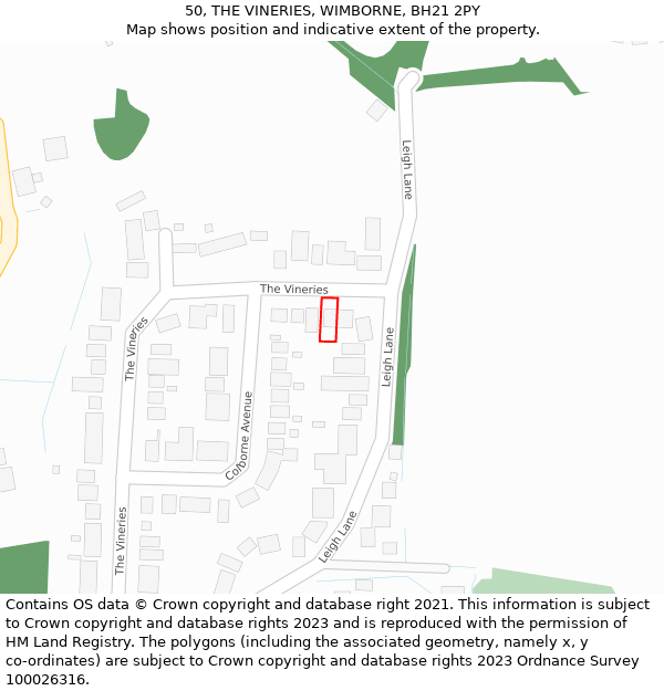 50, THE VINERIES, WIMBORNE, BH21 2PY: Location map and indicative extent of plot