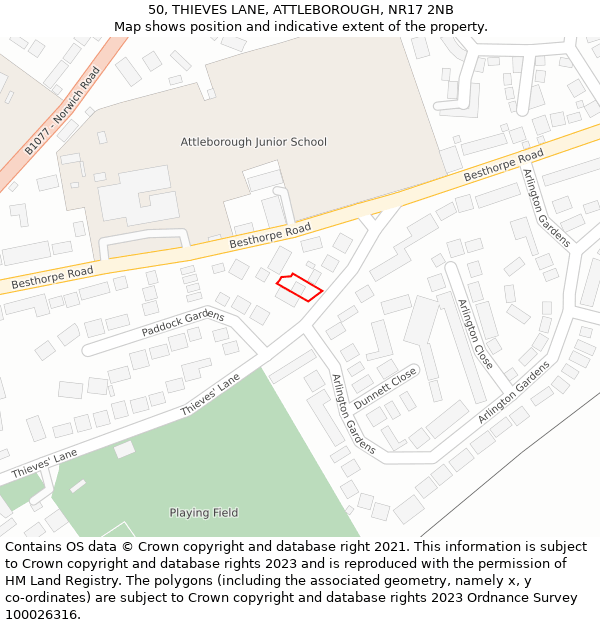 50, THIEVES LANE, ATTLEBOROUGH, NR17 2NB: Location map and indicative extent of plot