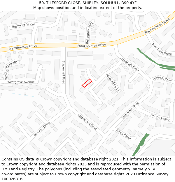 50, TILESFORD CLOSE, SHIRLEY, SOLIHULL, B90 4YF: Location map and indicative extent of plot