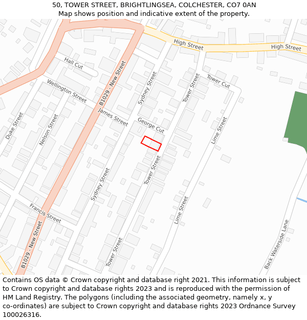 50, TOWER STREET, BRIGHTLINGSEA, COLCHESTER, CO7 0AN: Location map and indicative extent of plot