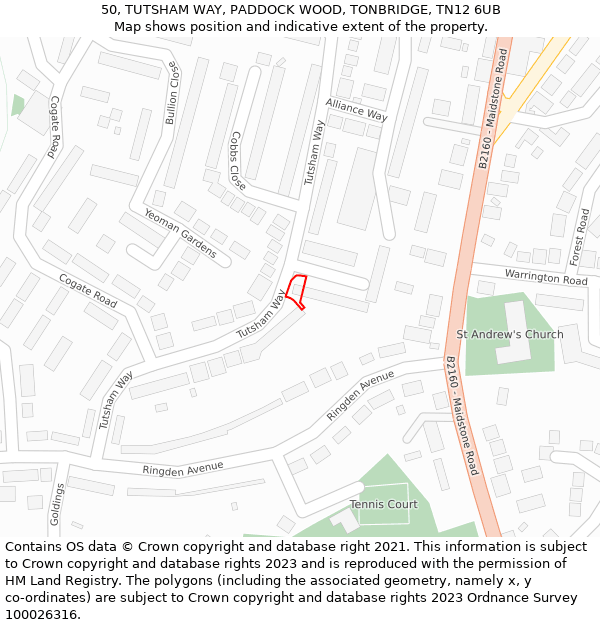 50, TUTSHAM WAY, PADDOCK WOOD, TONBRIDGE, TN12 6UB: Location map and indicative extent of plot