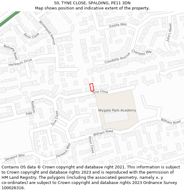 50, TYNE CLOSE, SPALDING, PE11 3DN: Location map and indicative extent of plot