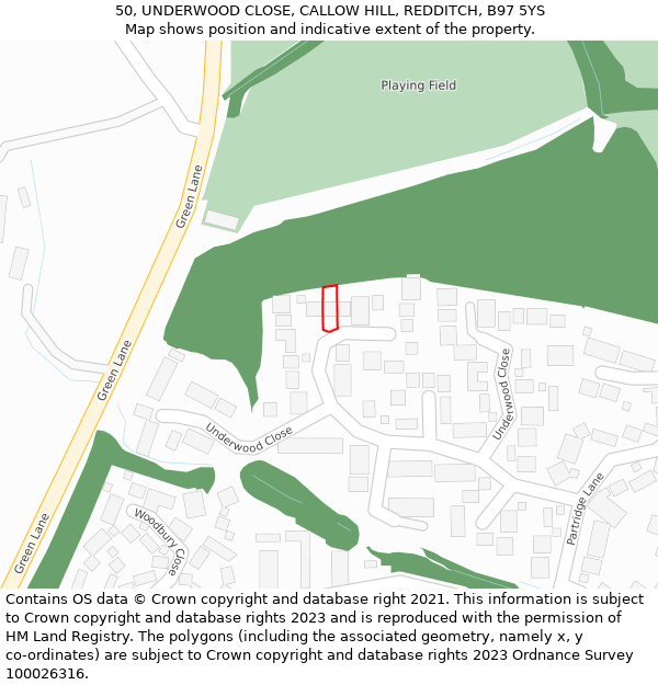 50, UNDERWOOD CLOSE, CALLOW HILL, REDDITCH, B97 5YS: Location map and indicative extent of plot