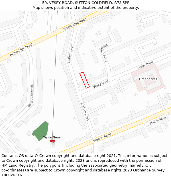 50, VESEY ROAD, SUTTON COLDFIELD, B73 5PB: Location map and indicative extent of plot