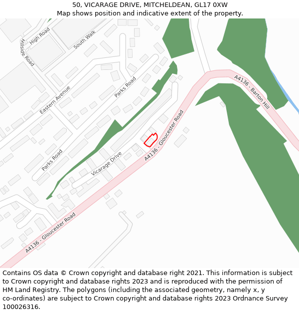 50, VICARAGE DRIVE, MITCHELDEAN, GL17 0XW: Location map and indicative extent of plot