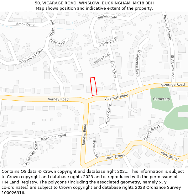 50, VICARAGE ROAD, WINSLOW, BUCKINGHAM, MK18 3BH: Location map and indicative extent of plot