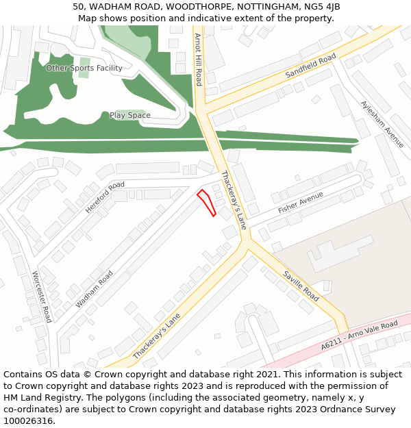 50, WADHAM ROAD, WOODTHORPE, NOTTINGHAM, NG5 4JB: Location map and indicative extent of plot