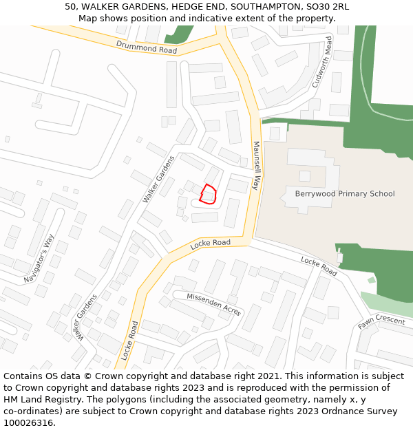50, WALKER GARDENS, HEDGE END, SOUTHAMPTON, SO30 2RL: Location map and indicative extent of plot