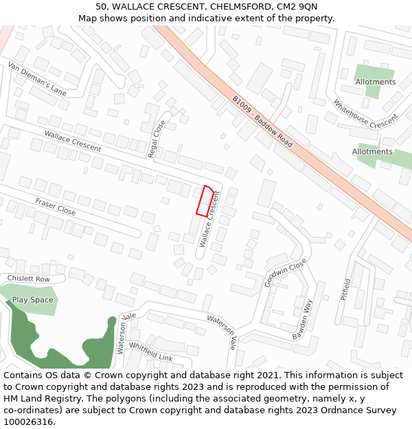 50, WALLACE CRESCENT, CHELMSFORD, CM2 9QN: Location map and indicative extent of plot