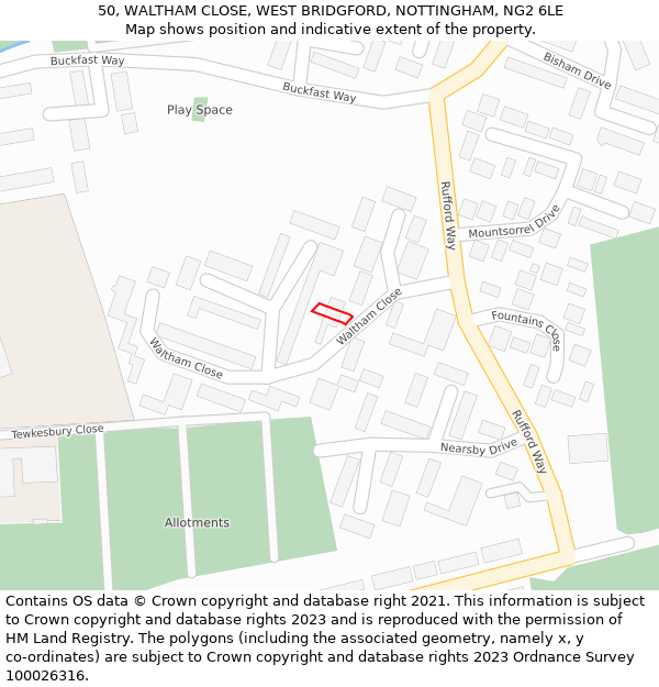 50, WALTHAM CLOSE, WEST BRIDGFORD, NOTTINGHAM, NG2 6LE: Location map and indicative extent of plot