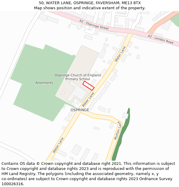 50, WATER LANE, OSPRINGE, FAVERSHAM, ME13 8TX: Location map and indicative extent of plot