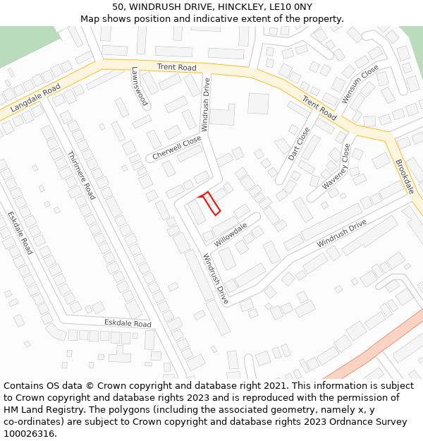 50, WINDRUSH DRIVE, HINCKLEY, LE10 0NY: Location map and indicative extent of plot