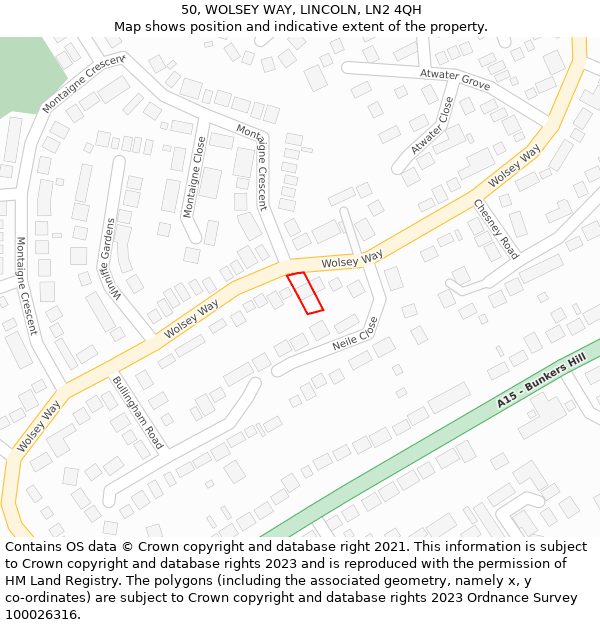 50, WOLSEY WAY, LINCOLN, LN2 4QH: Location map and indicative extent of plot