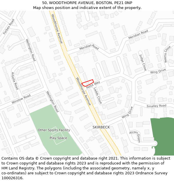 50, WOODTHORPE AVENUE, BOSTON, PE21 0NP: Location map and indicative extent of plot