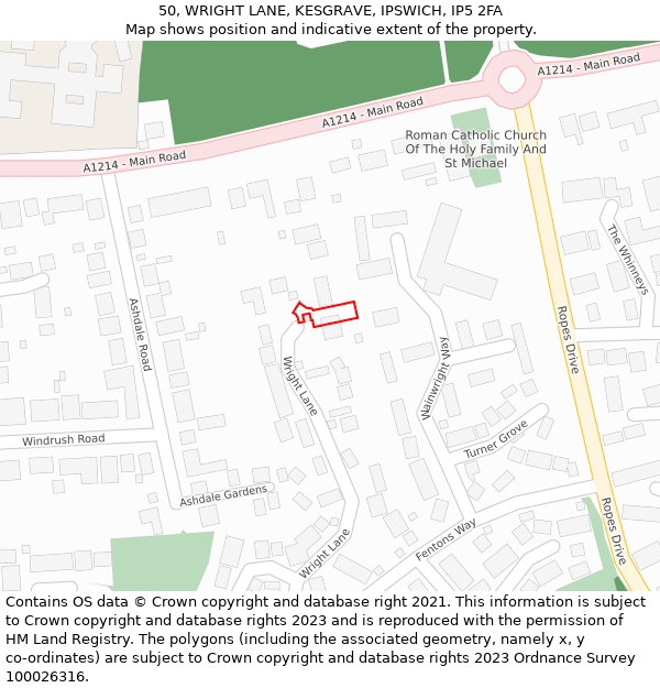 50, WRIGHT LANE, KESGRAVE, IPSWICH, IP5 2FA: Location map and indicative extent of plot
