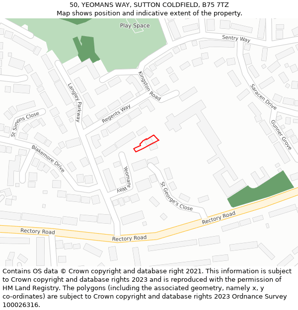 50, YEOMANS WAY, SUTTON COLDFIELD, B75 7TZ: Location map and indicative extent of plot