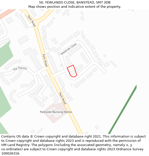 50, YEWLANDS CLOSE, BANSTEAD, SM7 3DB: Location map and indicative extent of plot