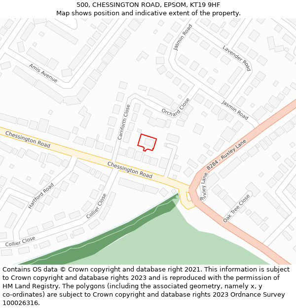 500, CHESSINGTON ROAD, EPSOM, KT19 9HF: Location map and indicative extent of plot