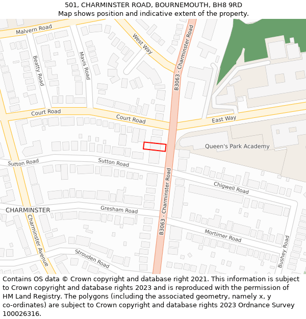 501, CHARMINSTER ROAD, BOURNEMOUTH, BH8 9RD: Location map and indicative extent of plot