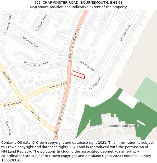 502, CHARMINSTER ROAD, BOURNEMOUTH, BH8 9SJ: Location map and indicative extent of plot
