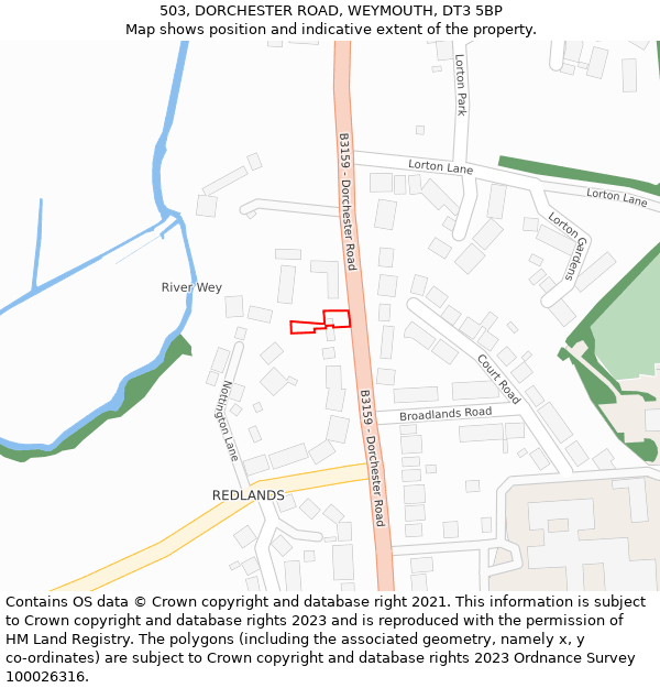 503, DORCHESTER ROAD, WEYMOUTH, DT3 5BP: Location map and indicative extent of plot