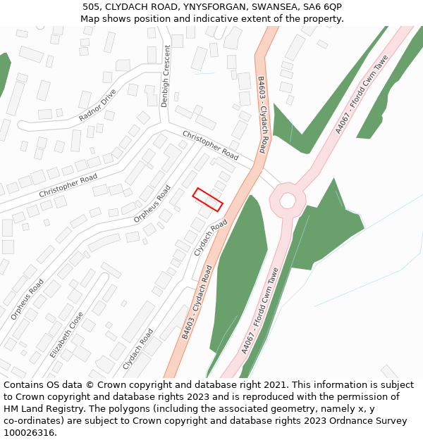 505, CLYDACH ROAD, YNYSFORGAN, SWANSEA, SA6 6QP: Location map and indicative extent of plot