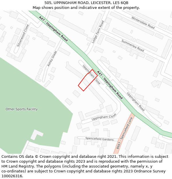 505, UPPINGHAM ROAD, LEICESTER, LE5 6QB: Location map and indicative extent of plot