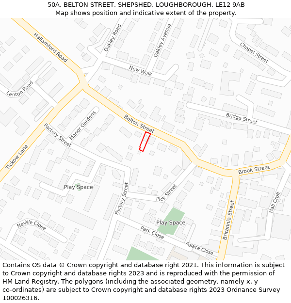 50A, BELTON STREET, SHEPSHED, LOUGHBOROUGH, LE12 9AB: Location map and indicative extent of plot