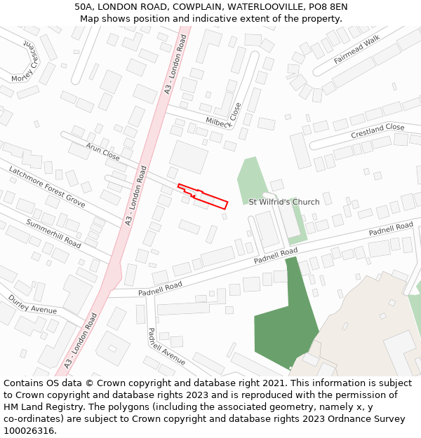 50A, LONDON ROAD, COWPLAIN, WATERLOOVILLE, PO8 8EN: Location map and indicative extent of plot