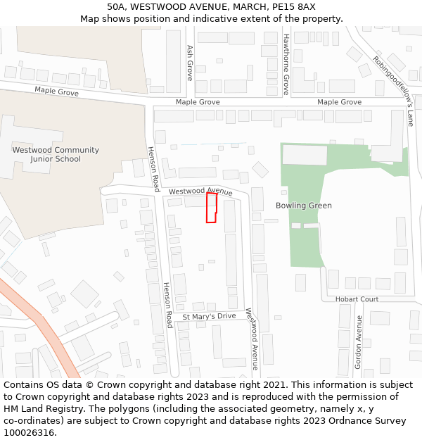 50A, WESTWOOD AVENUE, MARCH, PE15 8AX: Location map and indicative extent of plot