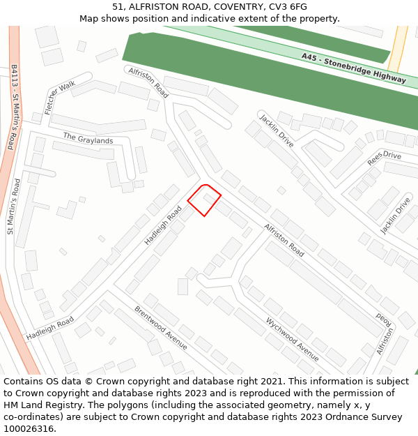 51, ALFRISTON ROAD, COVENTRY, CV3 6FG: Location map and indicative extent of plot